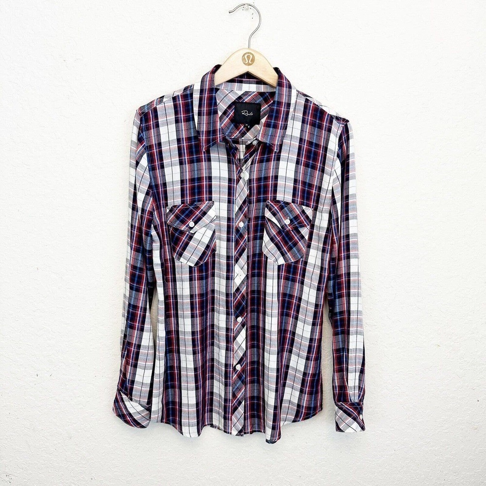 Rails Carmen Button Down Shirt Womens Medium White Navy Red Classic Plaid Rayon‎